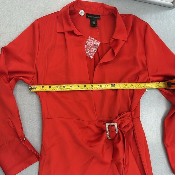 House of harlow red satin rhinestones trim wrap mini dress M - Picture 13 of 14